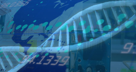Image of dna strand and data processing over caucasian scientist in lab. Global science, computing...