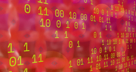Image of data processing and shapes on red background. Global technology, computing and digital...
