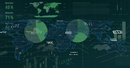 Image of world map over data processing on black background. Global technology, computing and...