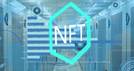 Image of nft text over financial data processing and server room. Global technology, computing and digital interface concept digitally generated image.の写真素材