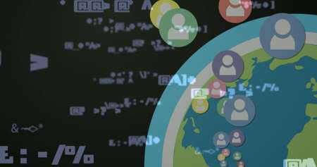 Image of data processing over icons and globe on black background. Global social media, connections and digital interface concept digitally generated image.の写真素材