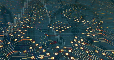 Image of computer circuit board over data processing and clock. Global technology, computing and...