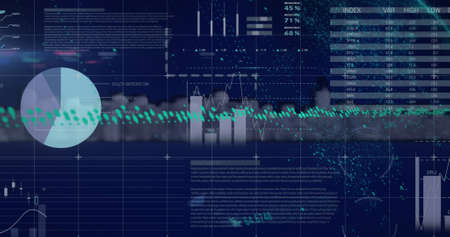 Image of data processing over cityscape on black background. Global technology, computing and...