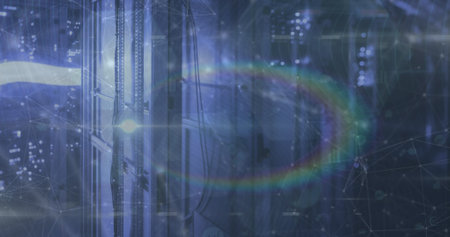 Image of financial data processing and globe over caucasian businesswoman and green network. Global...