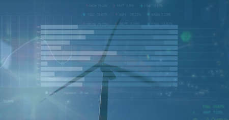 Image of data processing over wind turbine. Global ecology and digital interface concept digitally generated image.の写真素材