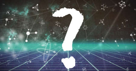 Image of question mark icon over network of connections and molecules on black background. Global connections, and digital interface concept digitally generated image.の写真素材