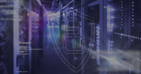 Image of data processing and padlock icon over server room. Global technology, computing and digital interface concept digitally generated image.の写真素材