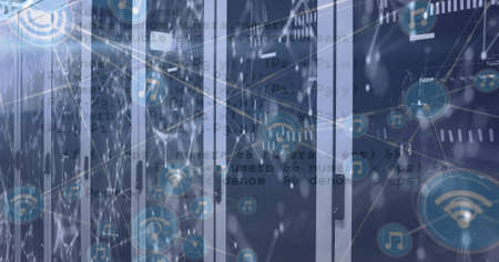 Image of data processing and network of connections over server room. Global technology, computing...