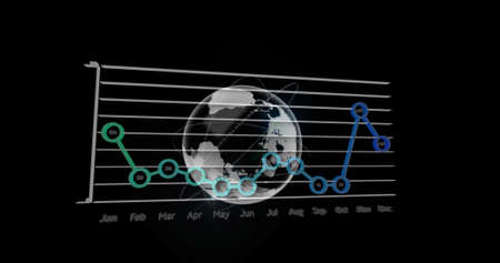 Image of data processing over globe on black background. Global business, computing and digital interface concept digitally generated image.の写真素材