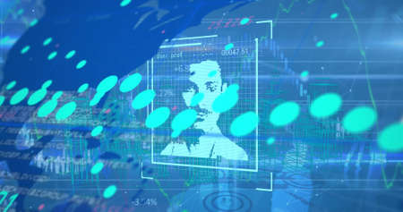 Image of data processing with people portraits on blue background. Global technology, computing and...