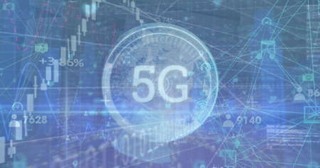 Image of financial data processing and scope scanning with 5g over globe. Global business, finances...