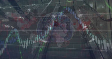 Image of financial data processing over digital brain and escalator. Global finances, computing and...