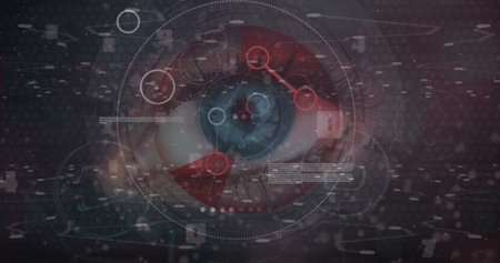 Image of data processing and network of connections over eye. Global business, finances and digital...