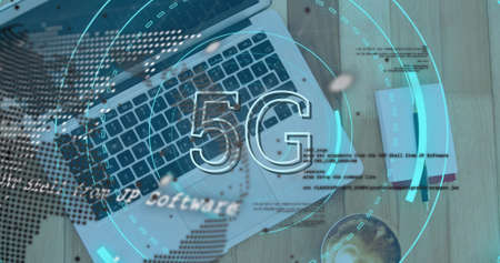 Image of scope scanning with 5g and data processing over laptop on desk. Global technology,...