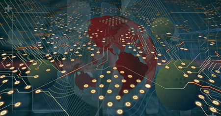 Image of computer circuit board over globe and shapes on blue background. Global technology,...