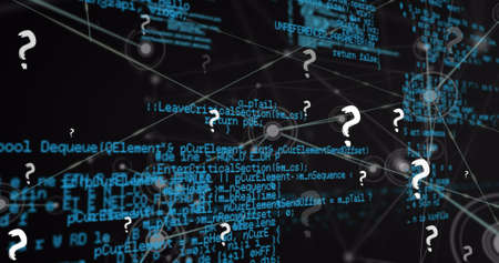 Image of question mark icons over network of connections and data processing on black background....