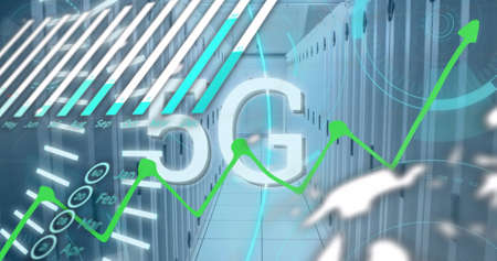 Image of financial data processing over server room. Global technology, computing and digital...