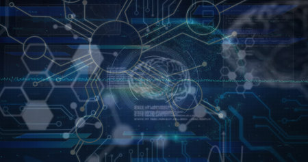 Image of network of connections and data processing over digital brain. Global business, finances...