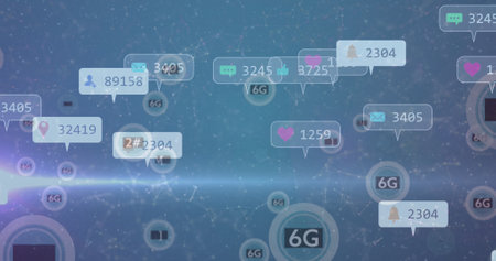Image of social media icons with numbers over network of connections and 6g text. Global social...