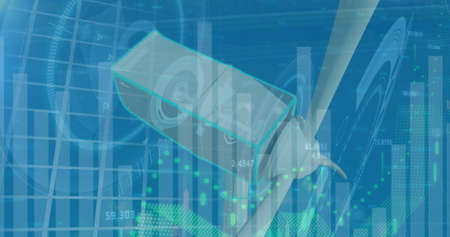Image of data processing over wind turbine. Global ecology and digital interface concept digitally...