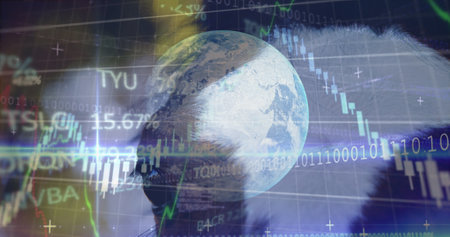 Image of data processing and globe over horse. Global technology, computing and digital interface concept digitally generated image.の写真素材