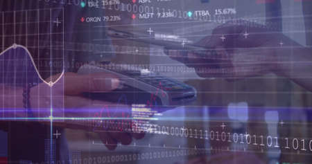 Image of financial data processing over diverse people paying with smartphone. Global finances,...