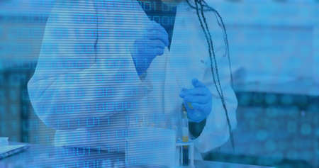 Image of data processing over biracial female scientist in lab. Global science, computing and...