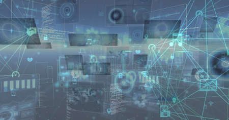 Image of data processing on moving screens over blue background. Global connections, data processing...