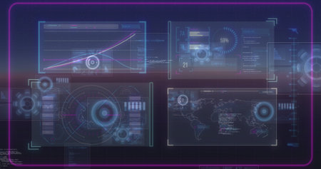 Image of data processing on moving screens over blue background. Global connections, data processing...