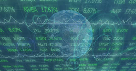 Image of stock market over network of connections and globe on green background cityscape. Global...