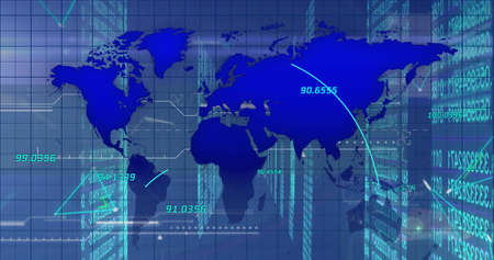 Image of world map over data processing on black background. Global technology, computing and...
