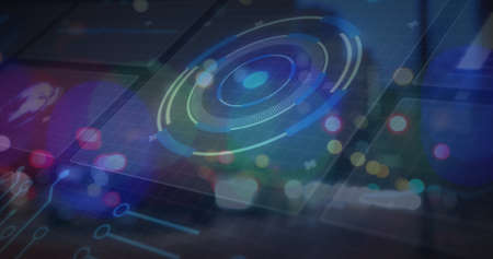 Image of blurred traffic lights over processing circle and dark space. Data processing, digital...