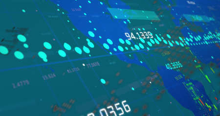 Image of graphs and data over world map on green background. Global network, communication, data processing and technology concept digitally generated image.の写真素材