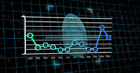 Image of data processing and fingerprint over black background. Global business and digital...