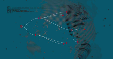 Image of connections over globe and data on green background. Global network, communication, data...