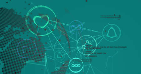 Image of connections with icons, globe and data processing on green background. Network, data...