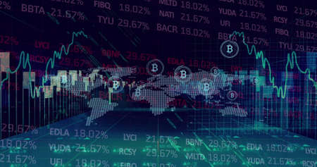 Image of world map, bitcoins and financial data over black and green background. Global business,...