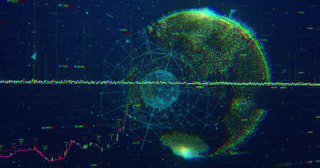 Image of graphs, connections and globe on navy background. Network, data processing, communication...