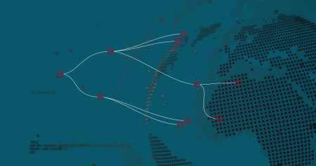 Image of connections over globe and data on green background. Global network, communication, data...