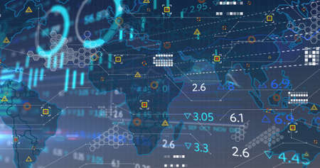 Image of financial data processing over world map. Global science, connections, data processing and...