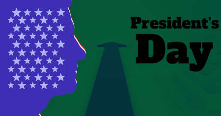 Image of faces with american flag colours over arrow and presidents day text. Global business and digital interface concept digitally generated image.の写真素材