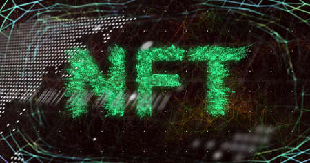 Image of data processing and nft text over black background. Global business and digital interface...
