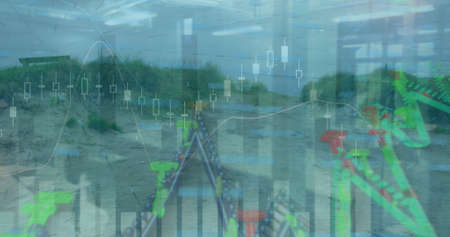 Image of data processing over landscape. Global business and digital interface concept digitally...