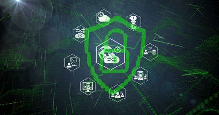 Image of network of connections with icons over padlock icon on black background. Global technology...