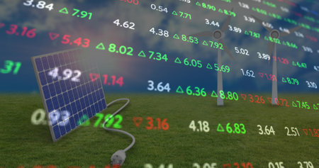 Image of data processing over solar panel, wind turbines and landscape. Global technology and...
