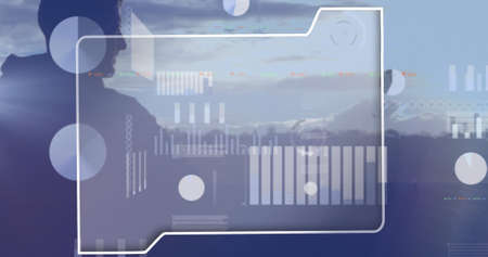Image of data processing over caucasian man and landscape. Global business and digital interface...