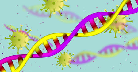 Image of dna strands and virus cells on green background. Global science and digital interface...
