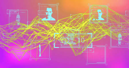Image of shapes moving over people icons. Social media and digital interface concept digitally...