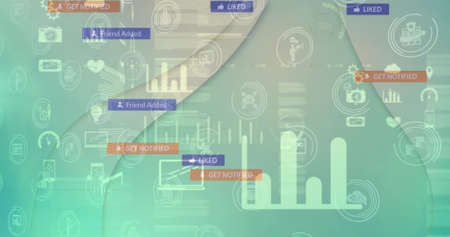 Interface with data processing over multiple speech bubbles floating against green background....