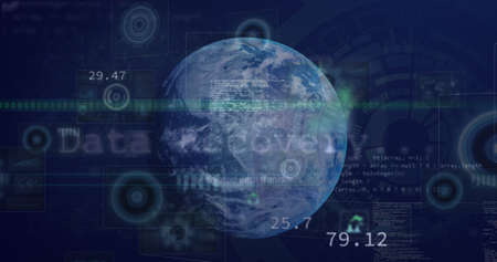 Image of diverse data and icons moving over globe on navy background. Global business, finance,...